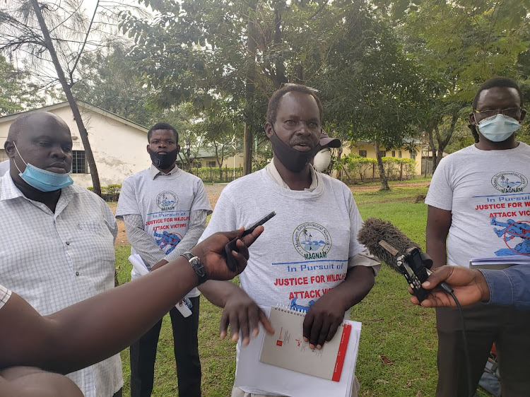 Magnam Environmental Network chairperson Michael Nyagutiat at Kenya Wildlife Service offices in Kisumu when he presented a petition over delayed compensation to victims of wildlife attacks