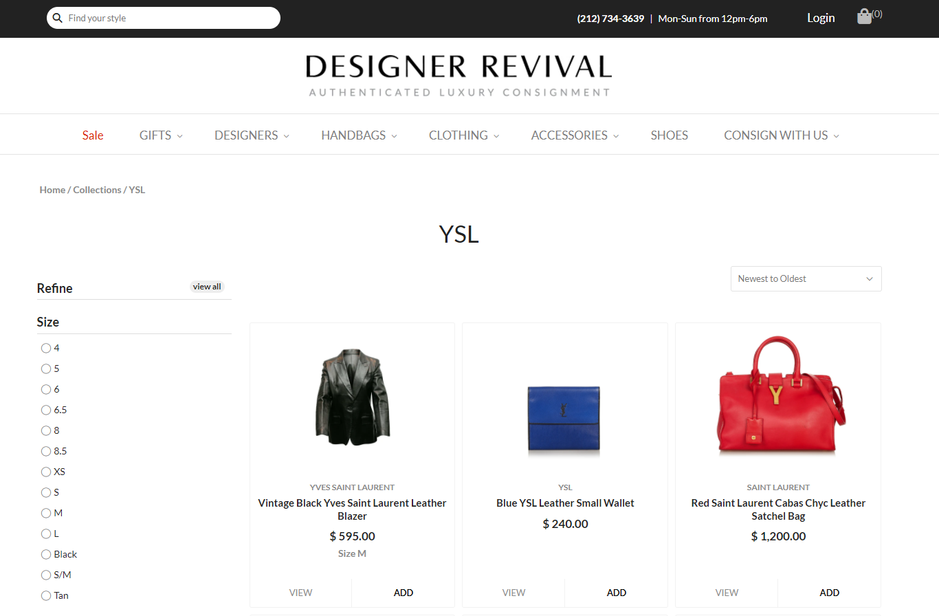 The Designer Revival web page for YSL brand