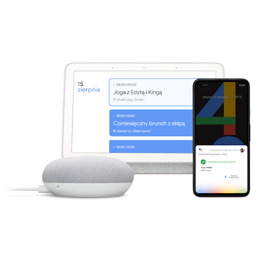 Google Home, laptop i telefon obsługujące polecenie „OK Google”