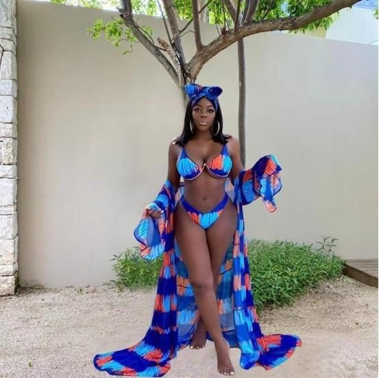 lady wearing bikini with matching kimono and headpiece