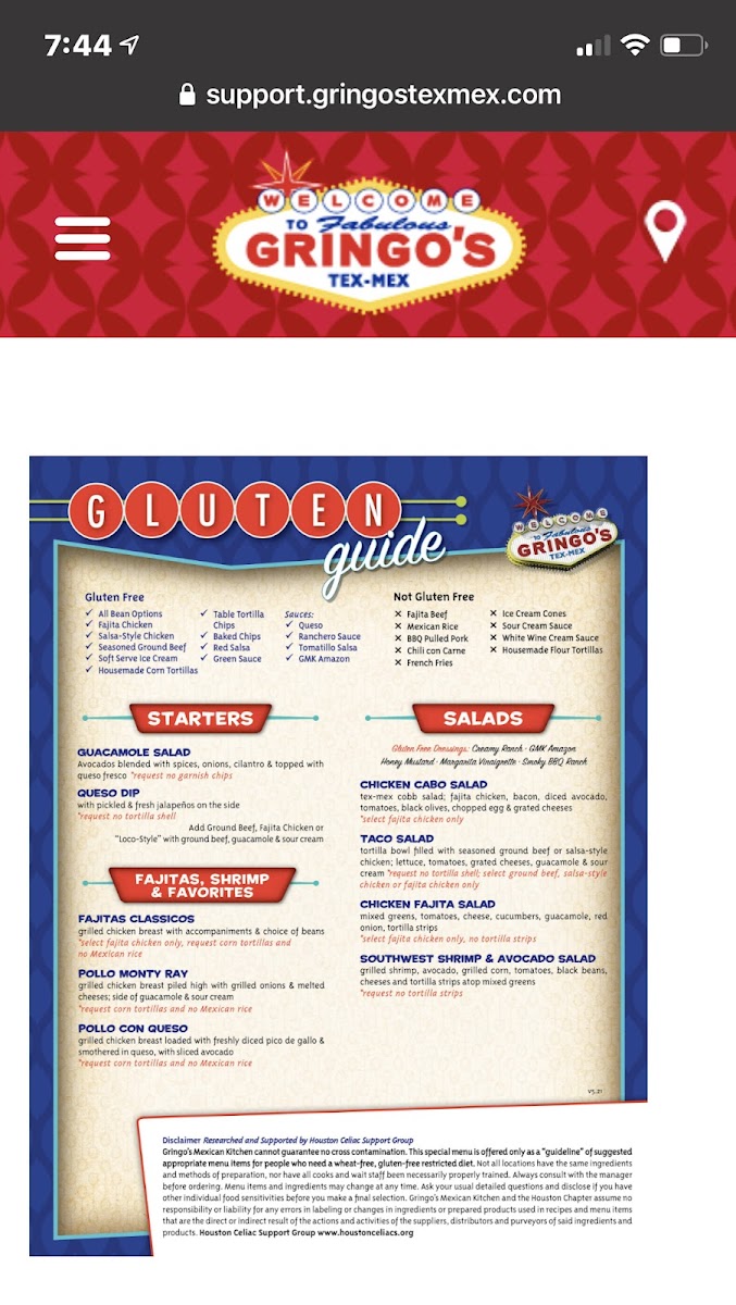 Gringo's Mexican Kitchen gluten-free menu