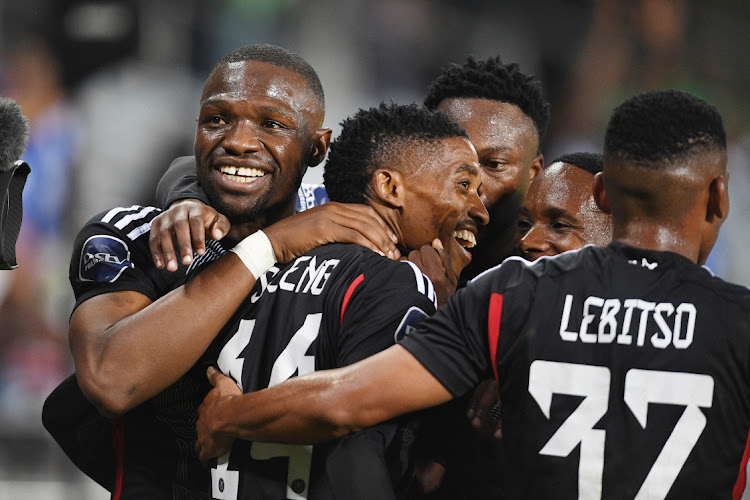 Tshegofatso Mabasa of Orlando Pirates celebrates scoring a goal with teammates during the DStv Premiership match between Orlando Pirates and AmaZulu FC at Orlando Stadium on April 20, 2024 in Johannesburg.