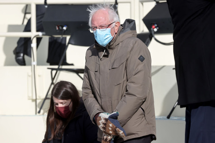 US senator Bernie Sanders wore mittens and a scowl to the inauguration of President Joe Biden on January 20 2021 in Washington, DC.