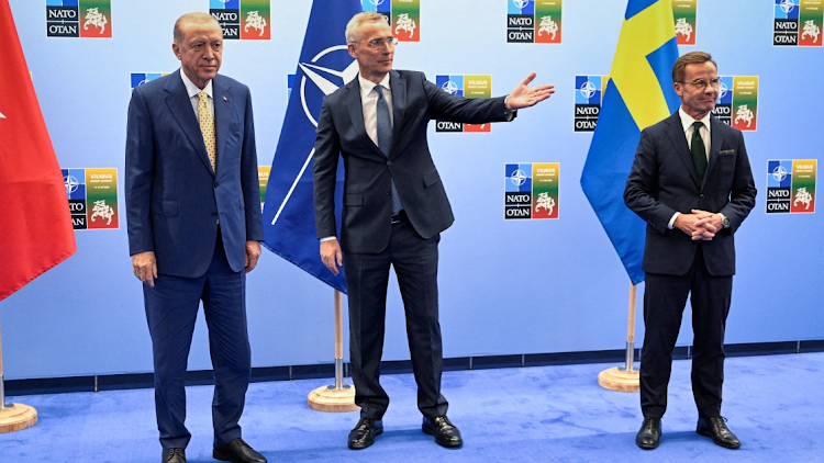 Turkish President Tayyip Erdogan, Swedish Prime Minister Ulf Kristersson and NATO Secretary-General Jens Stoltenberg gather prior to their meeting, on the eve of a NATO summit, in Vilnius, Lithuania July 10, 2023.