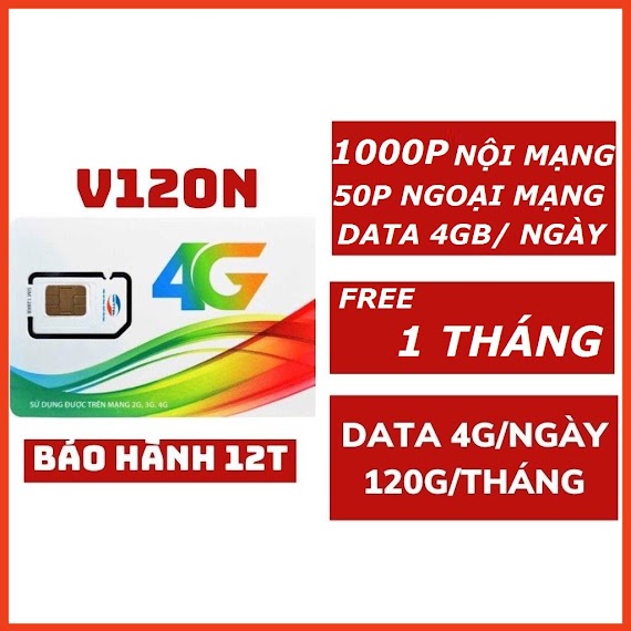 Sim Viettel Sim 4G Viettel V120N Tặng 120Gb /Tháng Gọi Miễn Phí - 6Umax4G Không Hạn Chế Da Ta