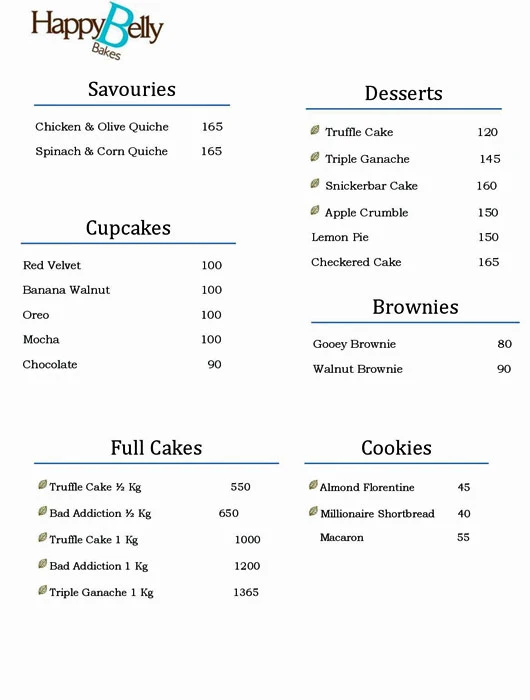 Happy Belly Bakes menu 