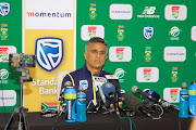 Team manager Dr. Mohammed Moosajee addresses the media regarding Imran Tahir during the South Africa national mens cricket team training session and press conference at St Georges Park on February 12, 2018 in Port Elizabeth, South Africa. 