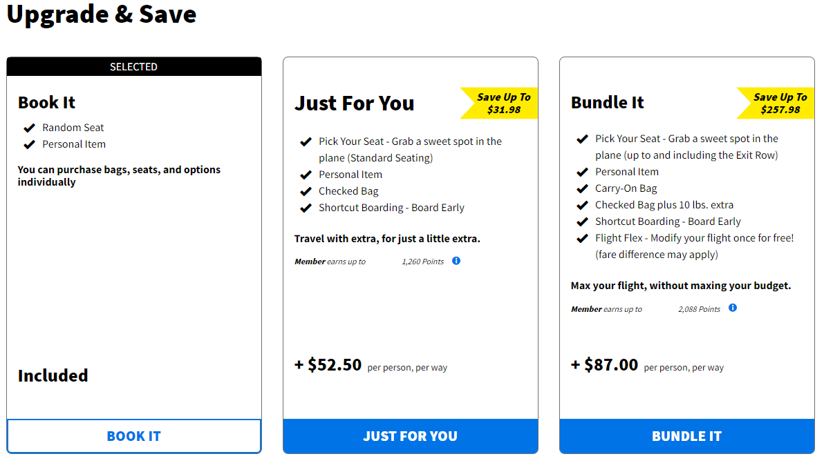 Example of Spirit Airlines upgrade bundles