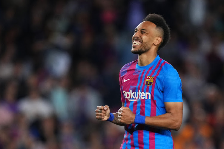 Pierre-Emerick Aubameyang of FC Barcelona celebrates after scoring their team's third goal during the La Liga Santander match between FC Barcelona and RC Celta de Vigo at Camp Nou on May 10, 2022 in Barcelona, Spain.