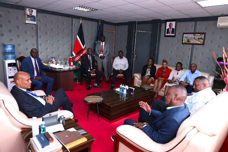 DCI Director Mohamed Amin in a meeting with Safaricom delegation led by Head Route to Customer Safaricom PLC James Kiama at the DCI Headquarters on June 21,2023.