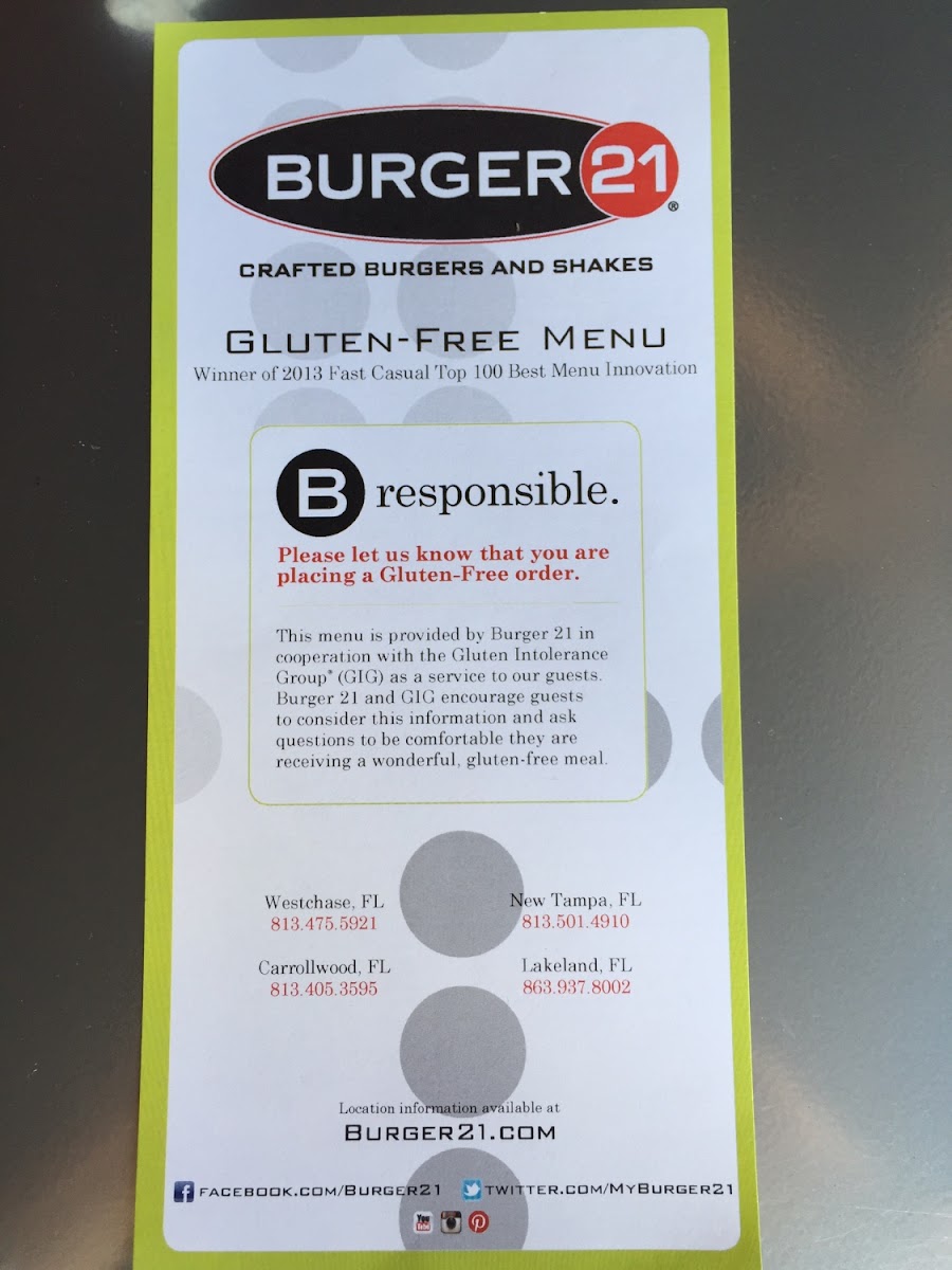 Burger 21 gluten-free menu