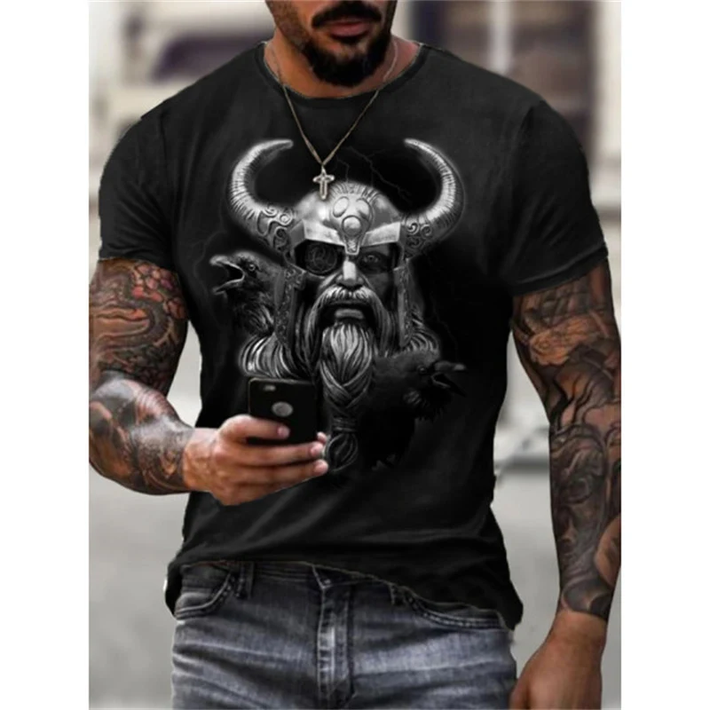 T-shirt uomo estivo con stampa 3D guerriero retrò. Maglietta a maniche corte fashion europea e americana. Stile unico per l'estate.