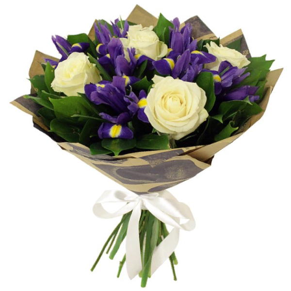 Smile - Four white roses and purple seasonal flowers