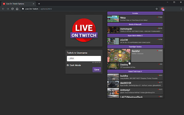 Live On Twitch chrome extension