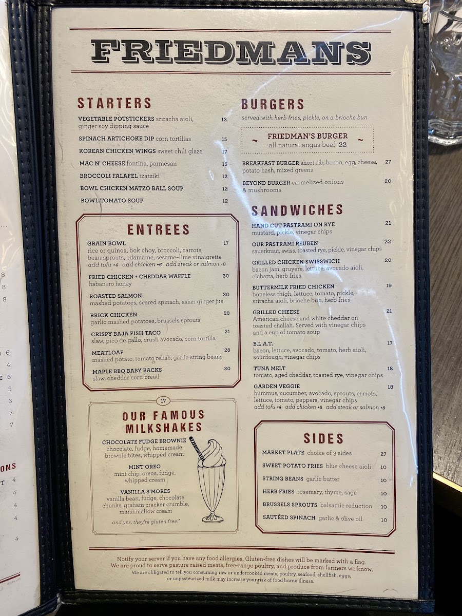 Friedman’s At The Edison gluten-free menu