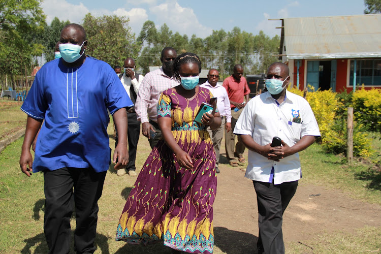 Education PS Julius Jwan with Homa Bay Director of Education Eunice Khaemba at Ngere Mixed Secondary school in Homa Bay on Saturday