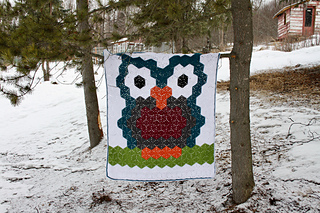 crochet owl blanket made from hexagons hanging on tree outside