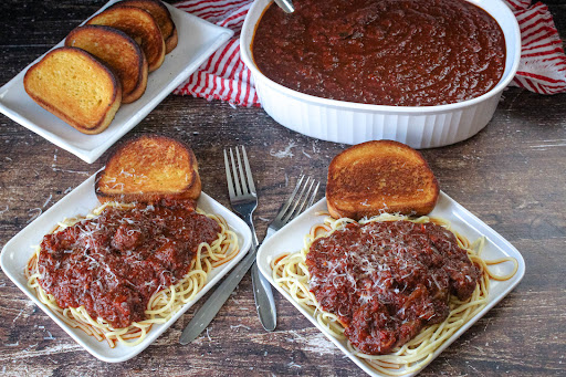 Conforti Family Red Gravy (Spaghetti Sauce) over spaghetti.