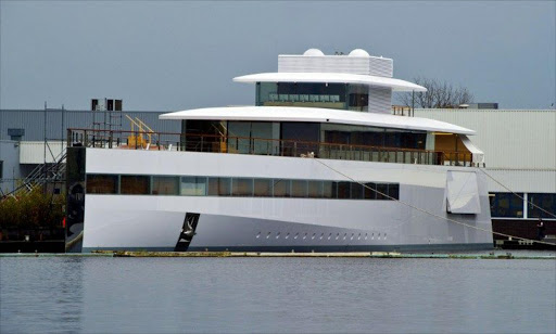 A file photo taken on October 29, 2012 shows the yacht ordered by Apple's late founder Steve Jobs and designed by French Philippe Starck's Ubik company at the De Vries shipyard in Aalsmeer.