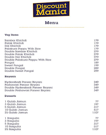 Discount Mania menu 