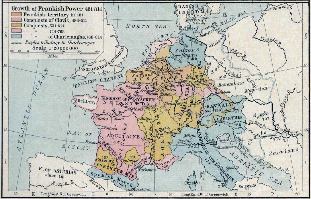 The growth of Frankish power, 481–814, showing Francia as it originally was after the crumbling of the Western Roman Empire. It was located northeasterly of that during the time of Constantine the Great.