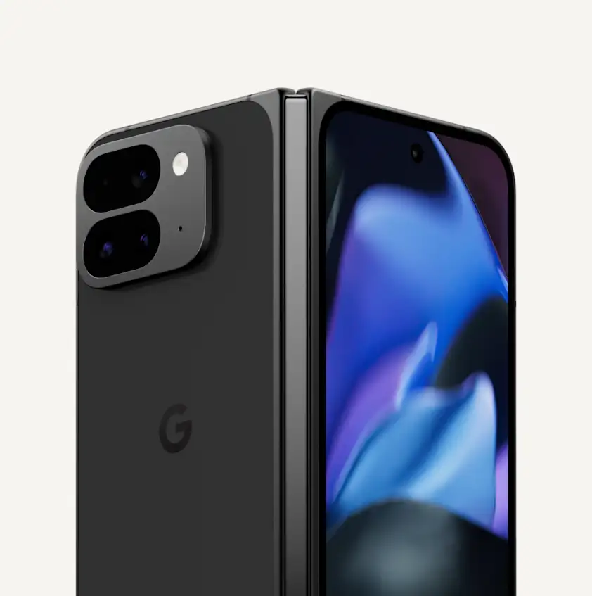 Close up of the Google Pixel 9 Pro Fold showing its camera bar, hinge and front screen