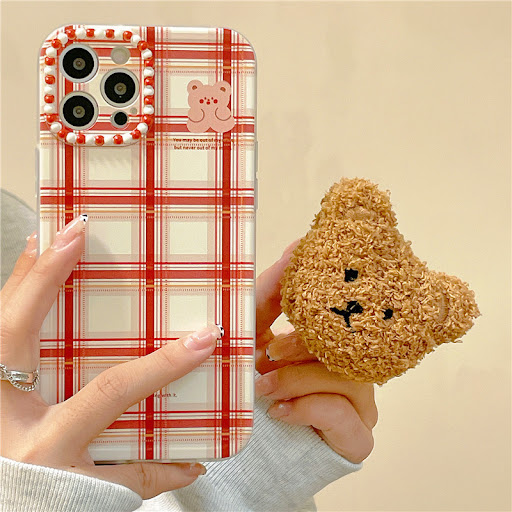 Title 2, Plaid Plush Bear Stand Phone Soft Case, provide...