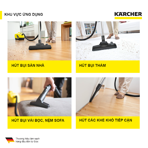 Máy hút bụi gia đình Karcher DS 6 sử dụng bộ lọc nước hiện đại , công suất hút thực tế 650w cùng hệ thống lọc đa lốc