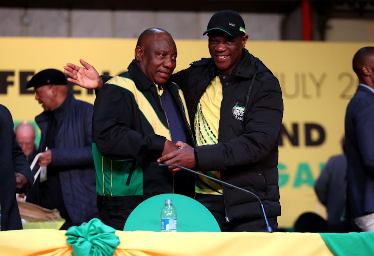 Cyril Ramaphosa, ANC president, and treasurer-general Paul Mashatile at the party's policy conference at Nasrec Expo Centre in Johannesburg.