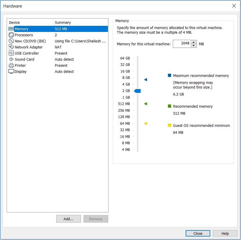 VMware Workstation - Virtual machine hardware settings - memory