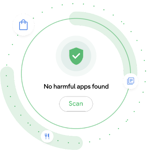 Uma animação circular com o símbolo de varredura e um texto no centro, mostrando a mensagem "não foram encontrados apps nocivos".