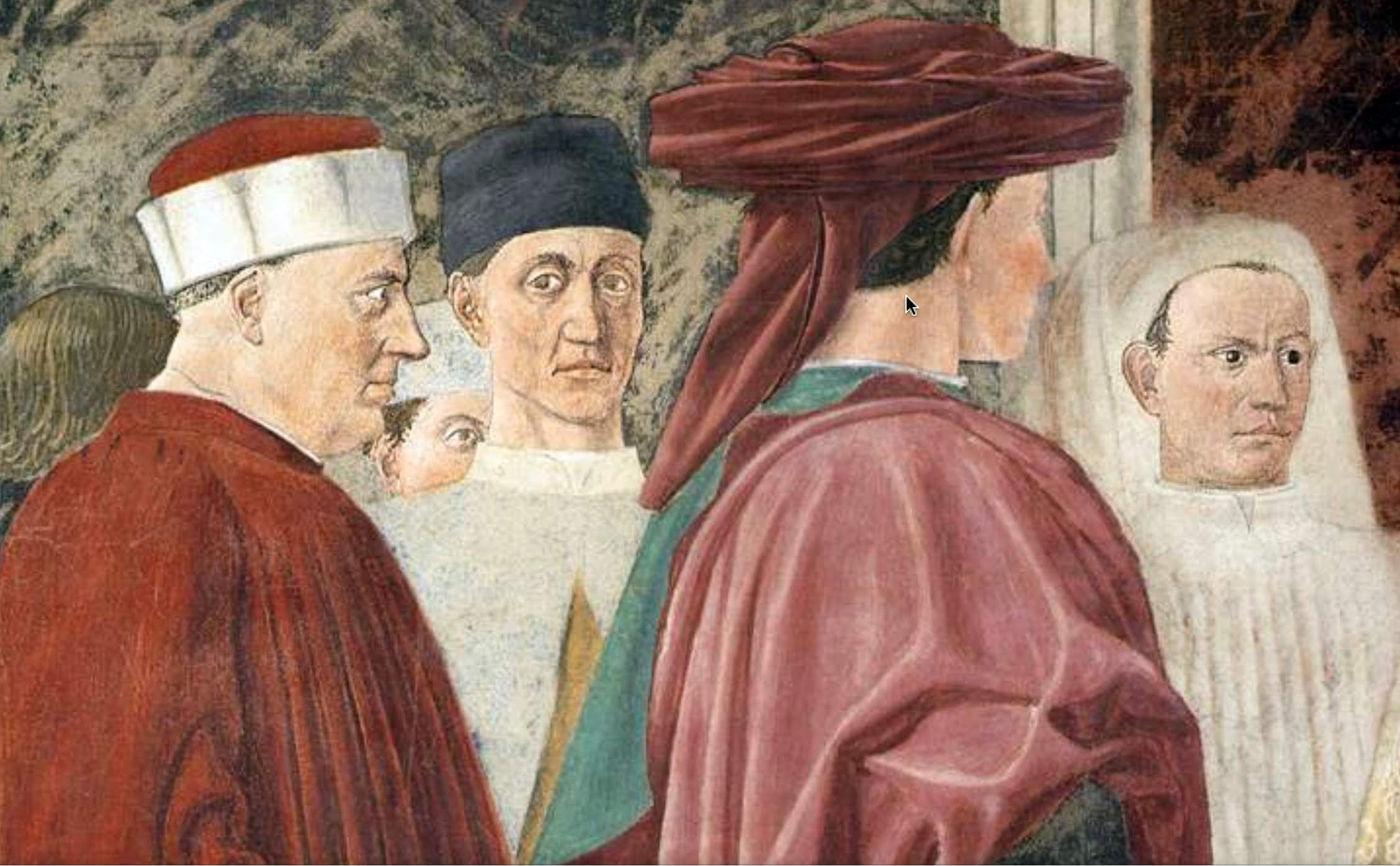 Piero della Francesca, Le Storie della Vera Croce, Incontro tra Salomone e la Regina di Saba (particolare degli accompagnatori di Salomone)