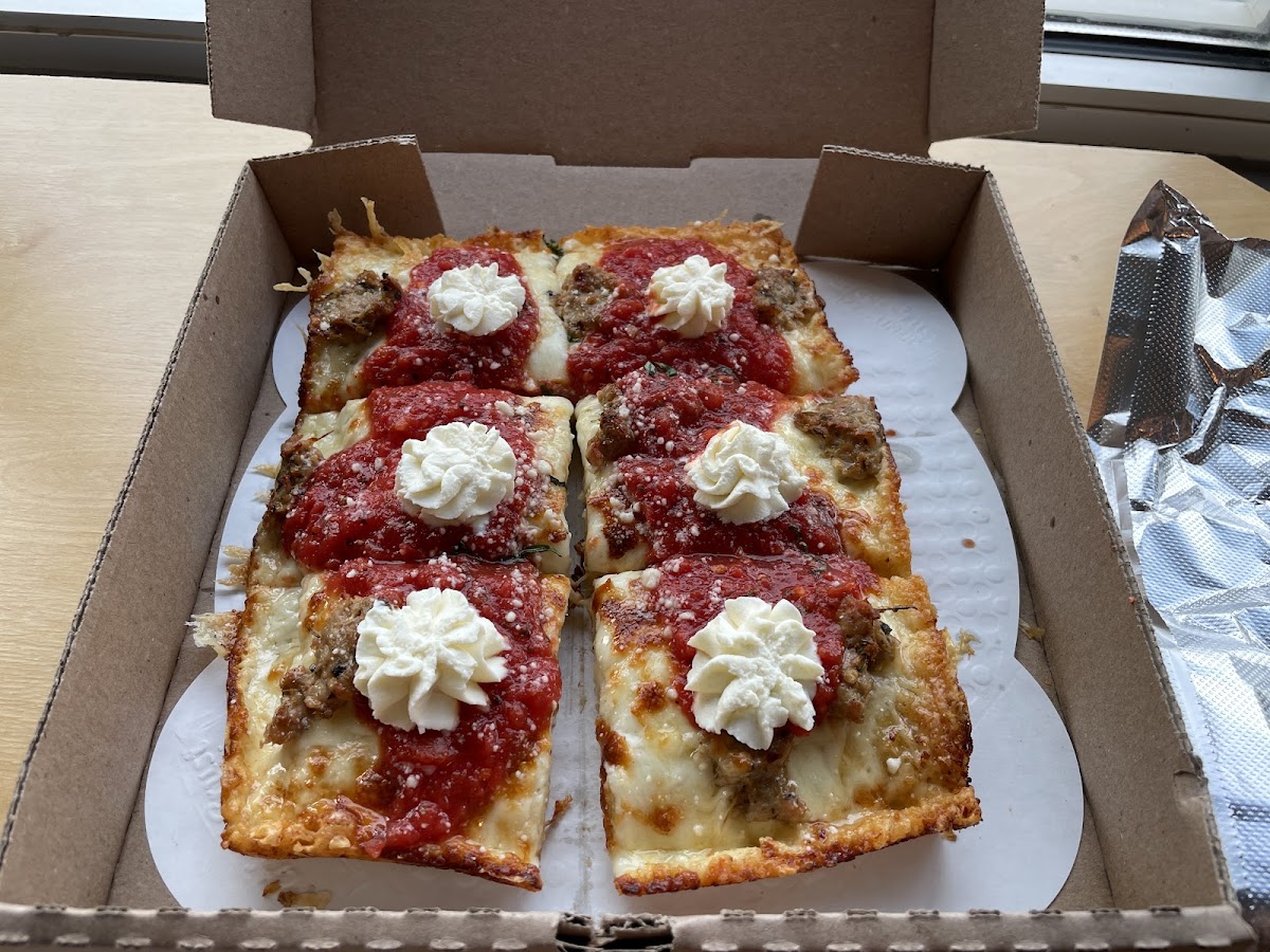 GF Detroit style pizza with sausage and ricotta