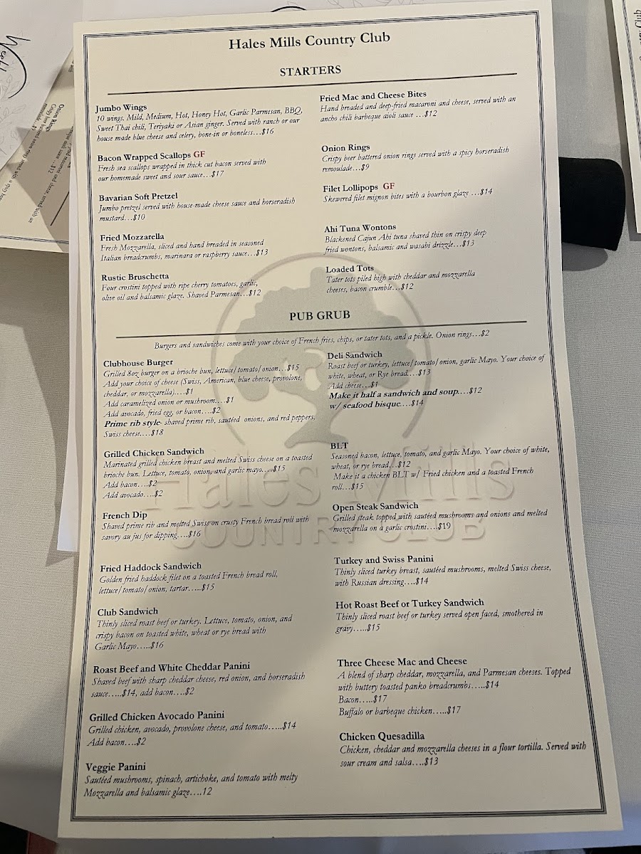 Hales Mills Country Club gluten-free menu