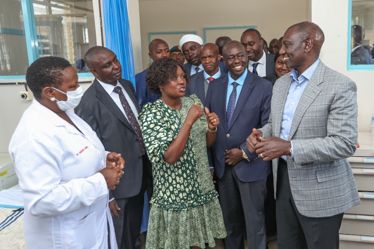 President William Ruto with Deputy President Rigathi Gachagua at the upgraded and renovated maternity, neonatal, and pediatric Wing at the Embu Level V Hospital, Embu County on May 26,2023.