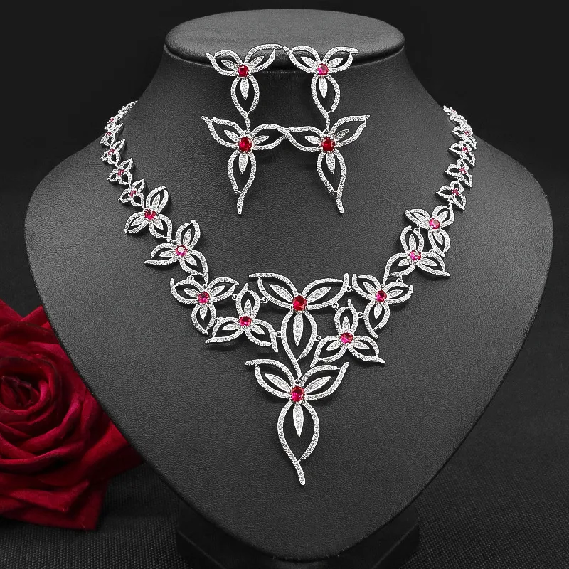 Colar e brincos flor de zircônia para casamento feminino, acessórios de noiva, joias elegantes e brilhantes, perfeito para o seu dia especial.