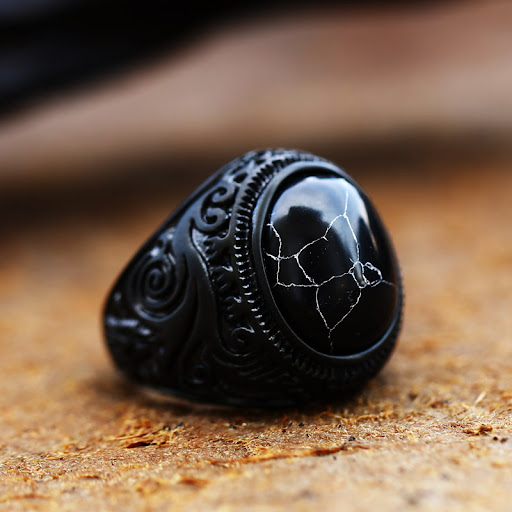 Title 4, Vintage Stainless Steel Engraved Ring with Gems...