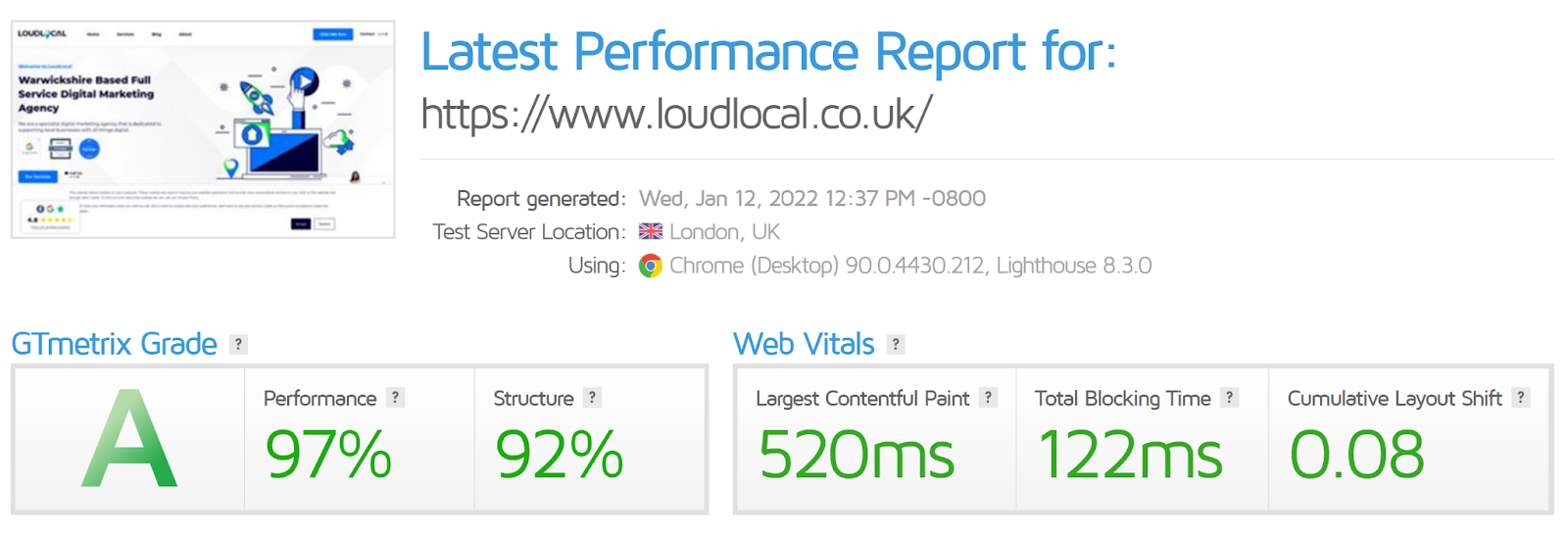 GTMetrix speed report for our new site, showing really good web vitals results (A) 