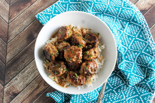 A bowl of Norwegian Meatballs and Rice.
