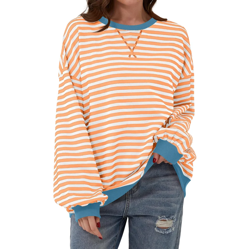 Camiseta de manga larga a rayas suelta para mujer. Suéter casual tipo pullover, cómodo y versátil para un look relajado y a la moda.
