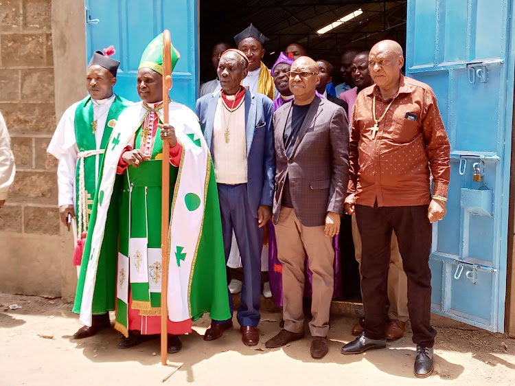 Safina presidential hopeful Jimmy Wanjigi and other local leaders being accompanied by AIPCA Kutus religious leaders after the leaders attended a Sunday service at the church