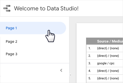 A user expands the collapsible left-hand navigation panel on a report to access the navigation menu and access Page 1, Page 2, or Page 3.