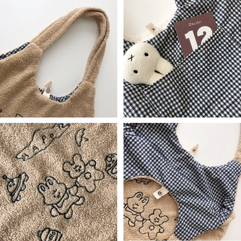 Bolsa de compras grande de pelúcia com bordado, alta capacidade, para lazer e compras, perfeita para carregar tudo com conforto e estilo.