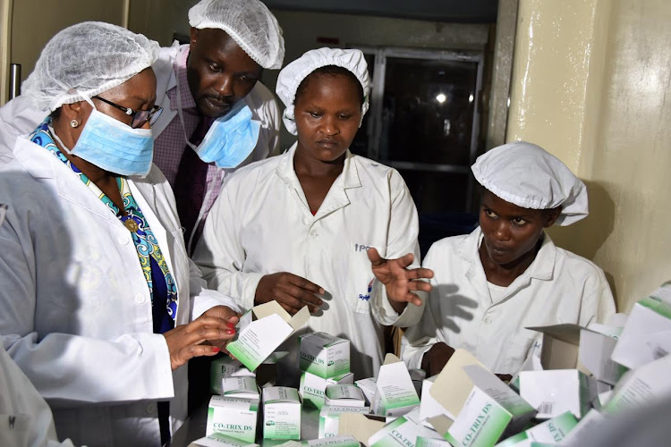 Health CS Sicily Kariuki during a tour of Sky Light Chemicals Limited in and Cosmos Limited in Nairobi's Industrial Area on May 7, 2019.