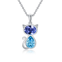 Title 1, Cat Necklace with Austrian Crystal in White Gol...