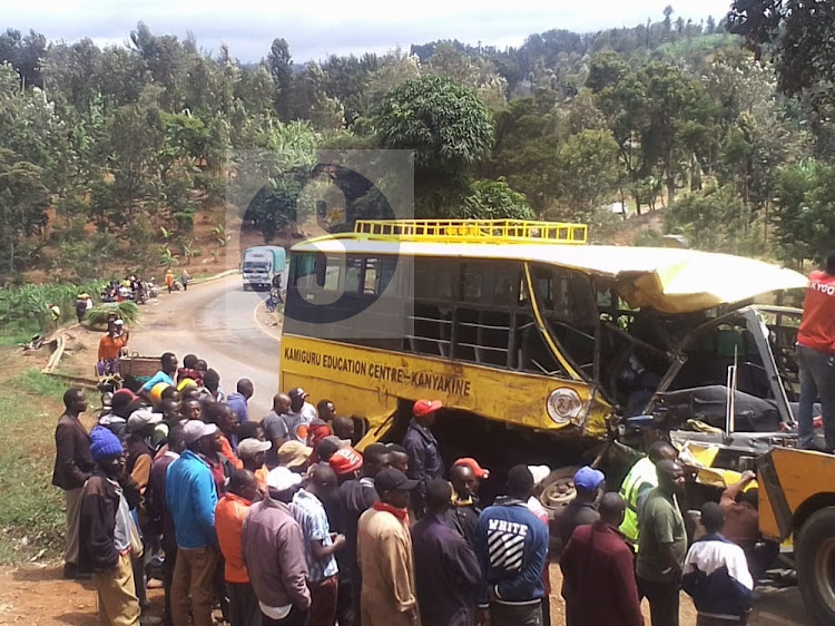 The Bus that was involved in an accident at Ntharene market along Meru-Nairobi highway claiming three lives.