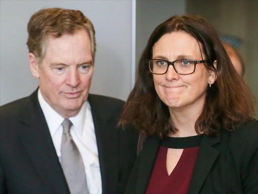 US Trade Representative Robert Lighthizer and European Trade Commissioner Cecilia Malmstrom take part in a meeting to discuss steel overcapacity, in Brussels, Belgium March 10, 2018. /REUTERS