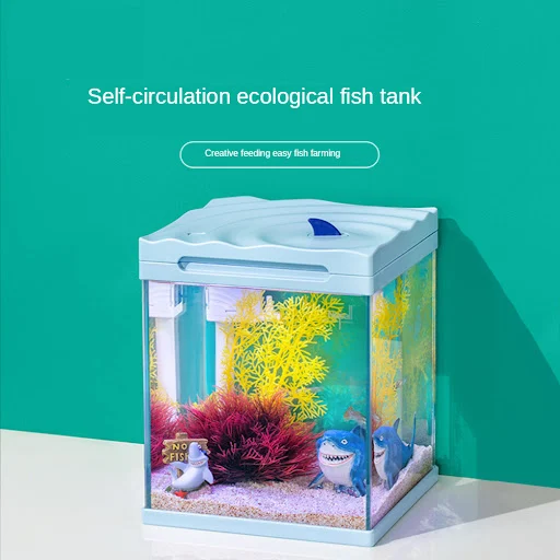 Small Glass Aquarium Fish Tank Starter Kit With 4 Mode LED Lighting,Mini Water Pump, Filter,Feeding Port, Oxygen Change,