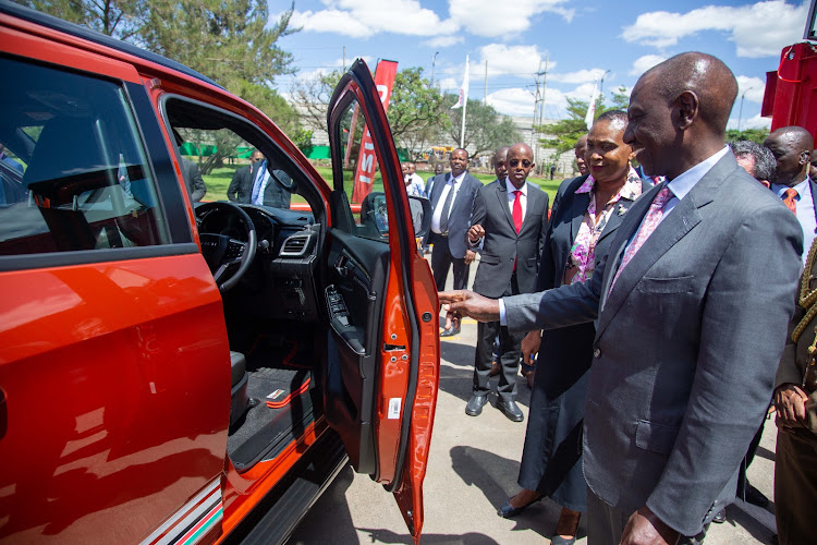 President William Ruto inspecting a locally assembled vehicle at the Isuzu East Africa, Nairobi on June 7,2023.