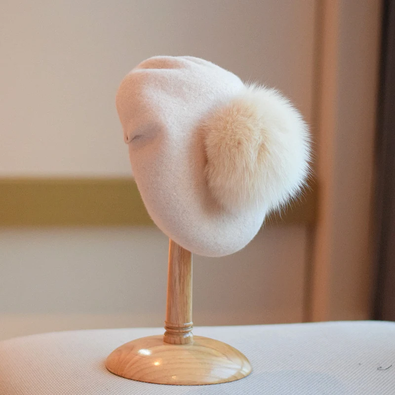 Title 6, Wool Beret Womens Fur Ball Fashion Painter Cap